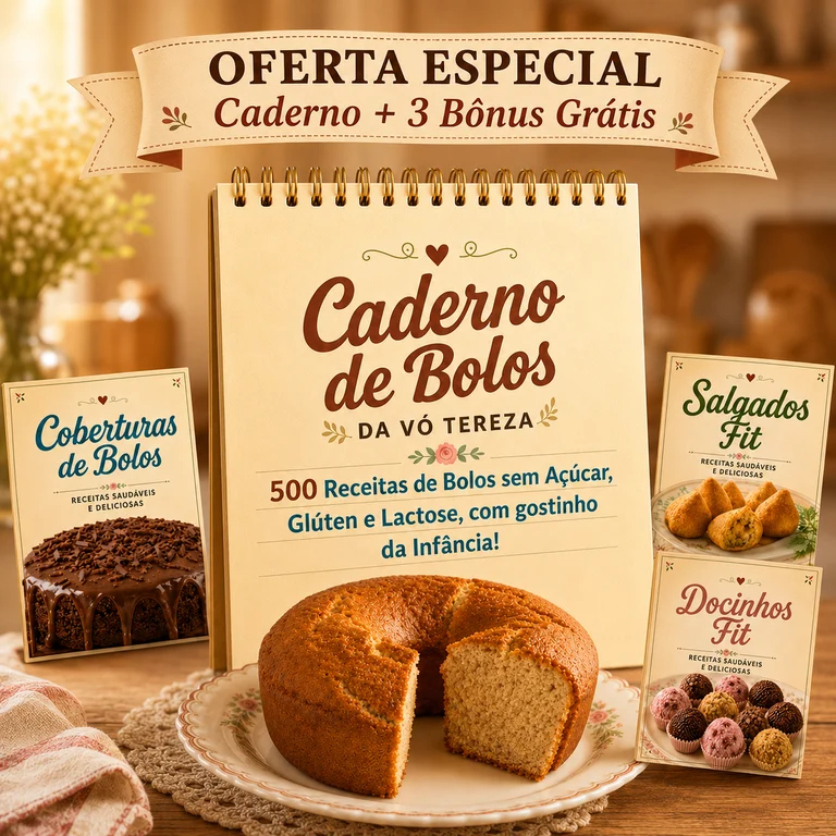 Caderno de Bolos da Vó Tereza com bolo caseiro em prato