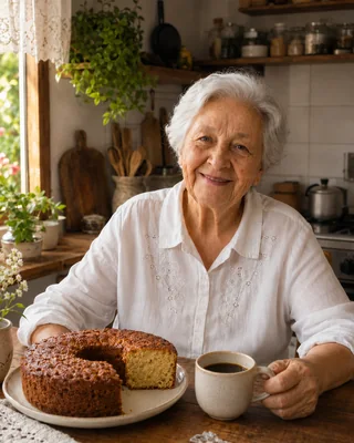 Vó Tereza em uma cozinha caseira
