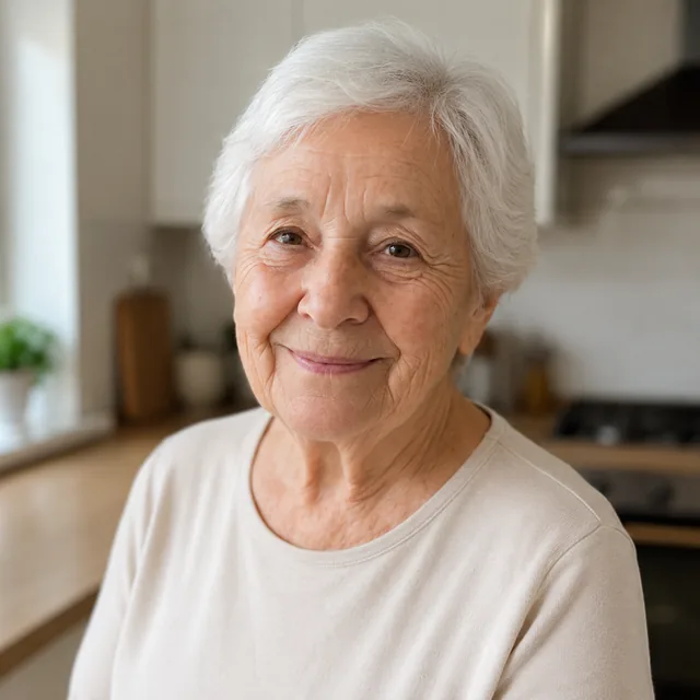 Vó Tereza sorrindo em uma cozinha acolhedora